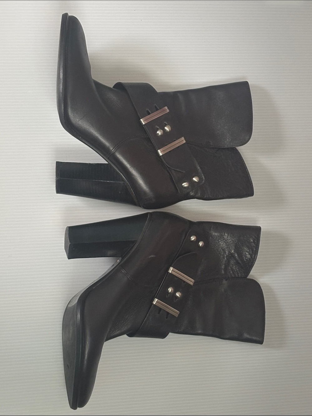 Saks Fifth Avenue Black Leather High Heel Ankle Boots with Metal Accents